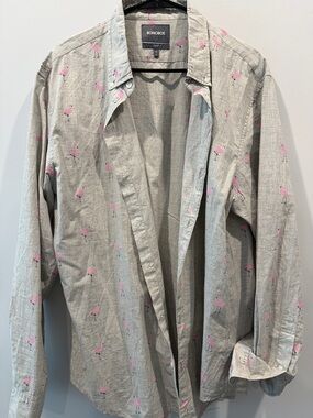 Bonobos Light Gray Button-Down Shirt with Pink Flamingo Motif